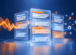 Abstract clinical note panels connected by an audio waveform in navy, blue, and orange.