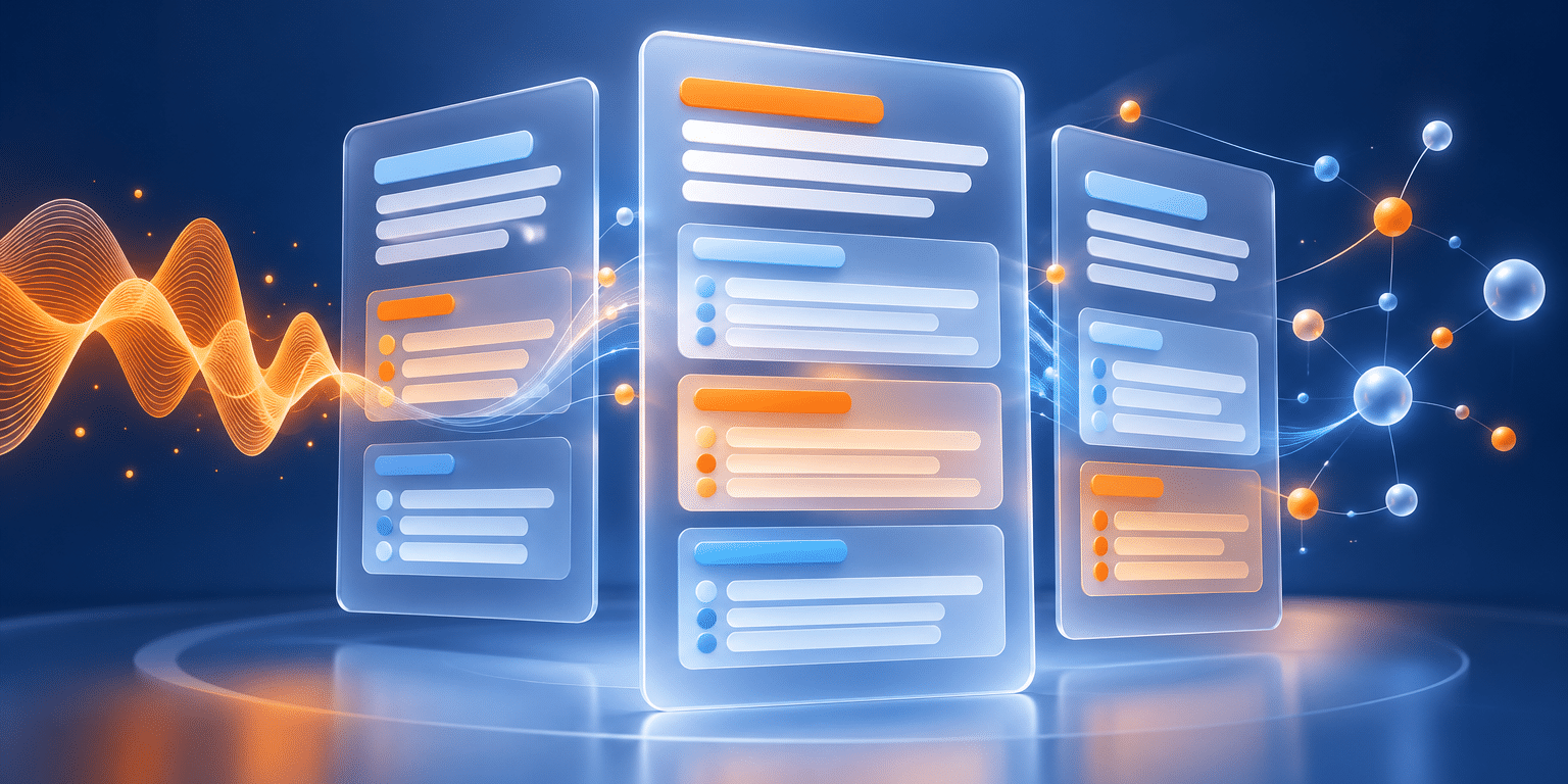 Abstract clinical note panels connected by an audio waveform in navy, blue, and orange.