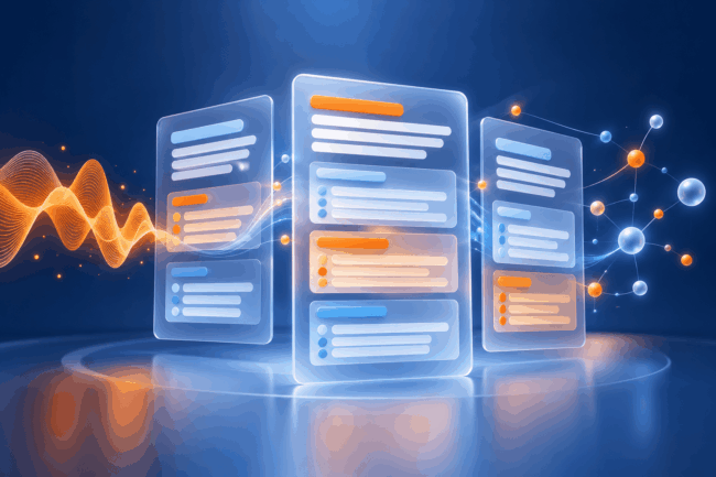 Abstract clinical note panels connected by an audio waveform in navy, blue, and orange.