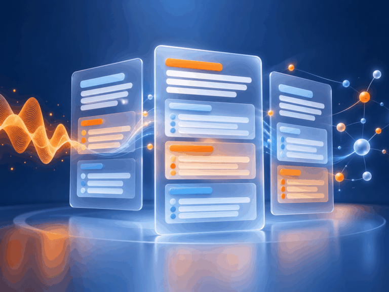 Abstract clinical note panels connected by an audio waveform in navy, blue, and orange.