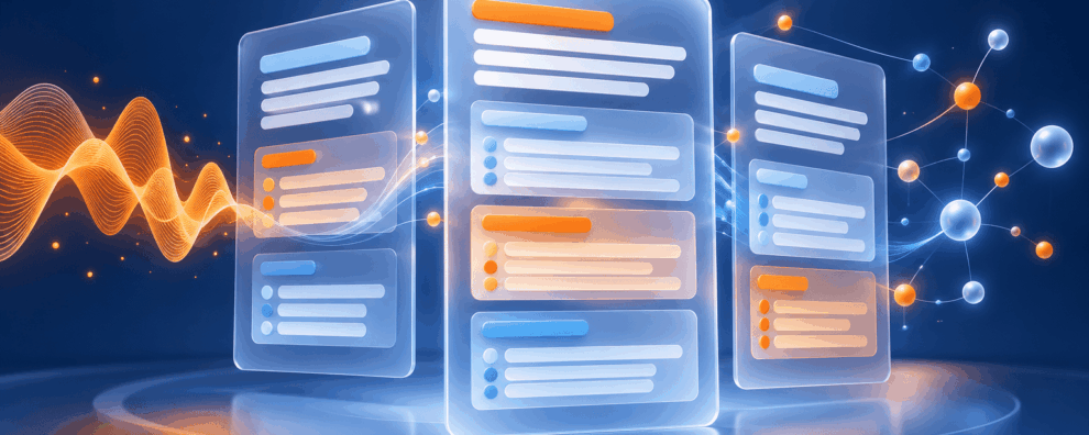 Abstract clinical note panels connected by an audio waveform in navy, blue, and orange.