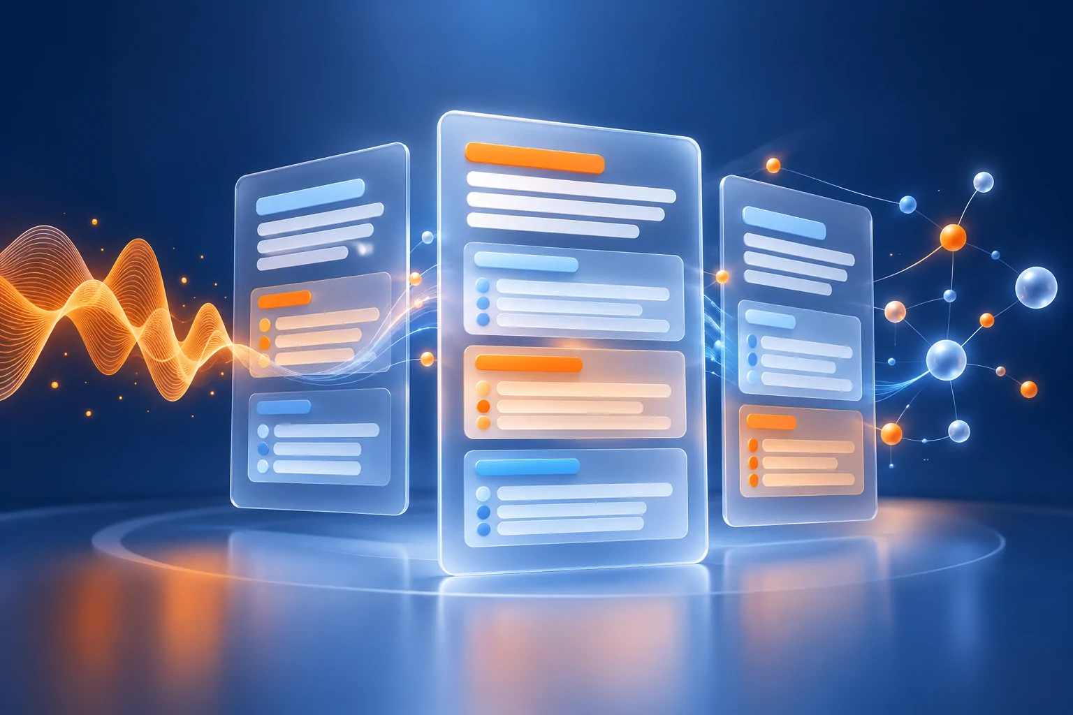 Abstract clinical note panels connected by an audio waveform in navy, blue, and orange.